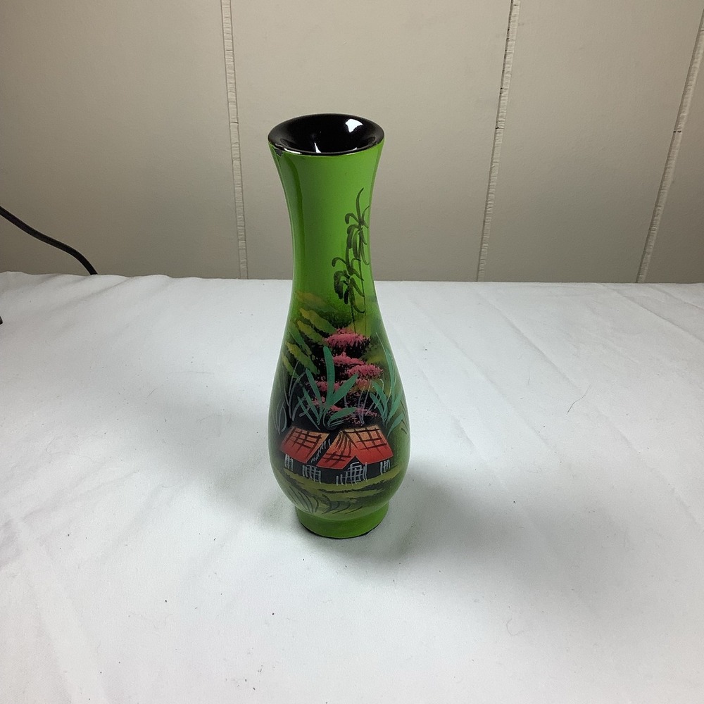 Asian Art Pottery Vase, Hand Painted Woman with Baskets